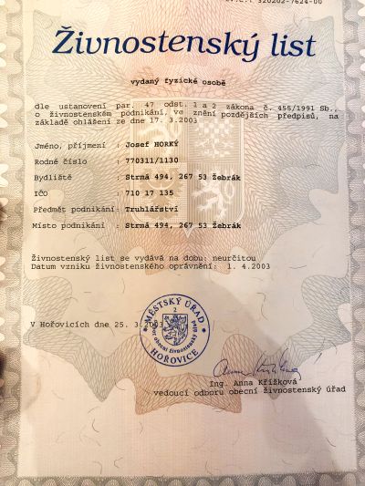 živnostenský list Josef Horký